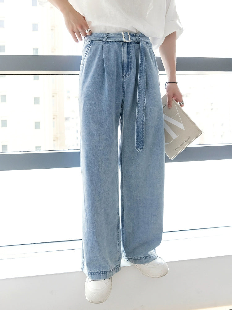 Ice Silk Wide-Leg Belted Jeans