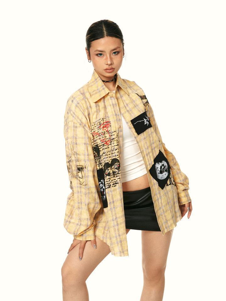 Graffiti Print Plaid Long-sleeved Shirt
