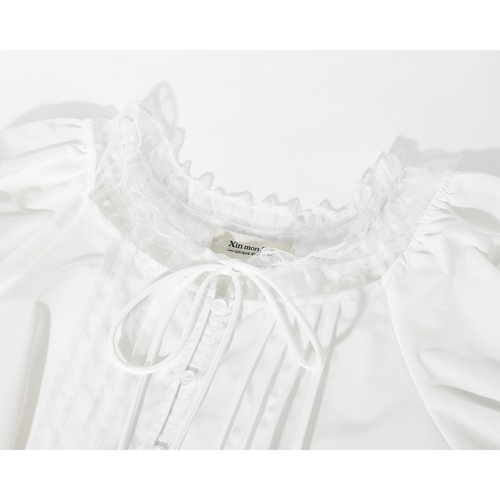 Lace Pleated Short Sleeve Button Shirt