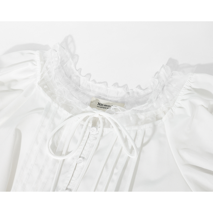 Lace Pleated Short Sleeve Button Shirt