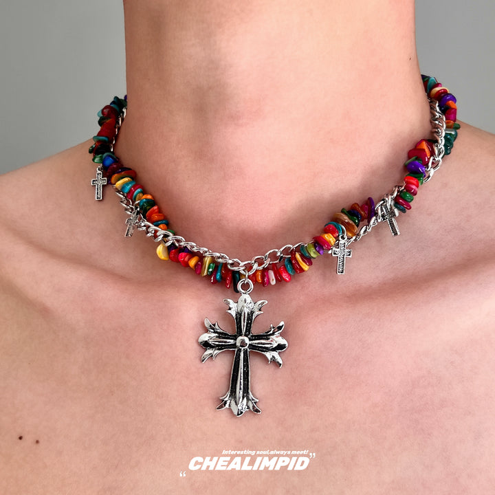 Cross Pendant Multi-Layer Beaded Necklace