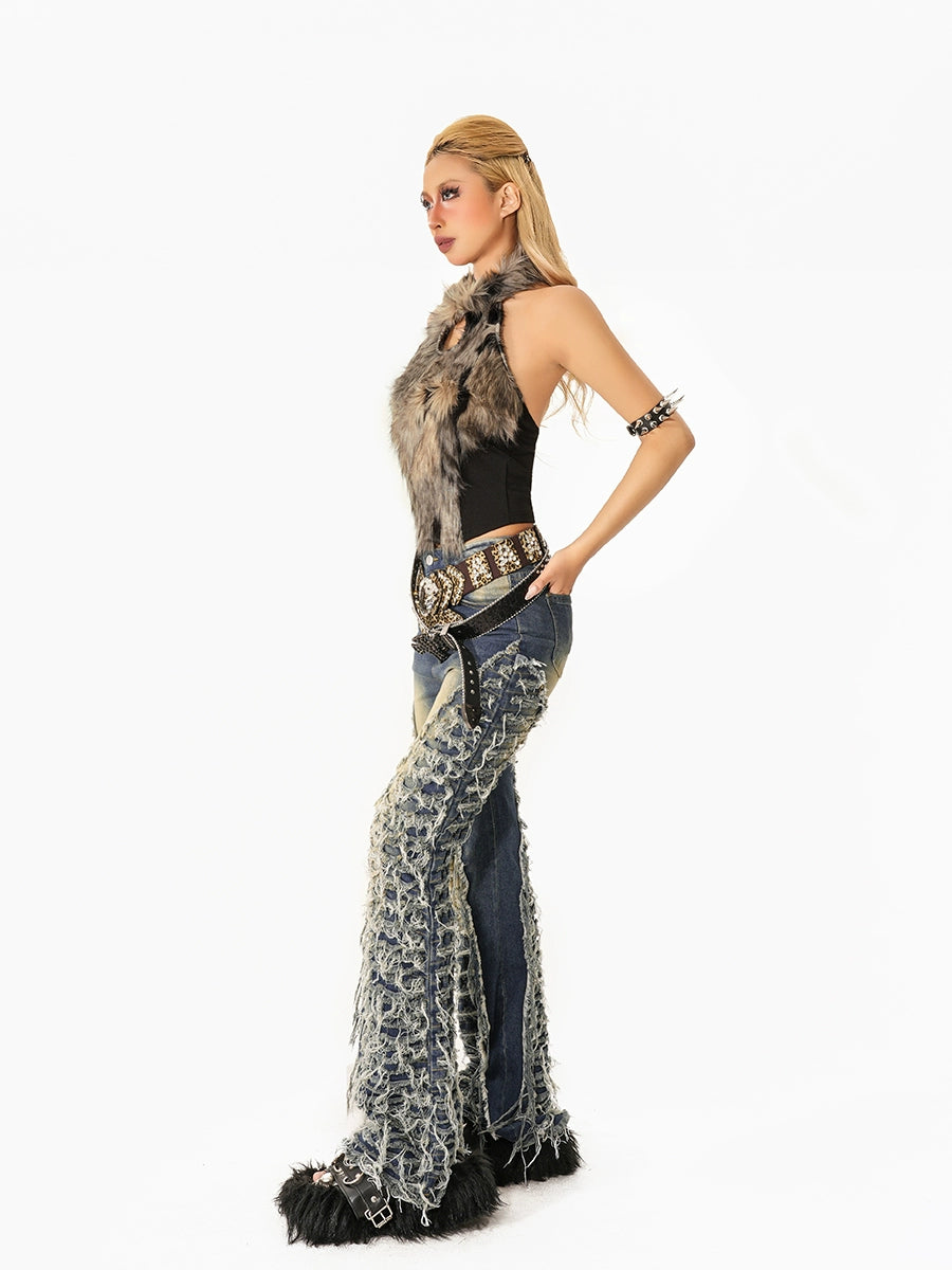Distressed Flared Tassel Retro Pants