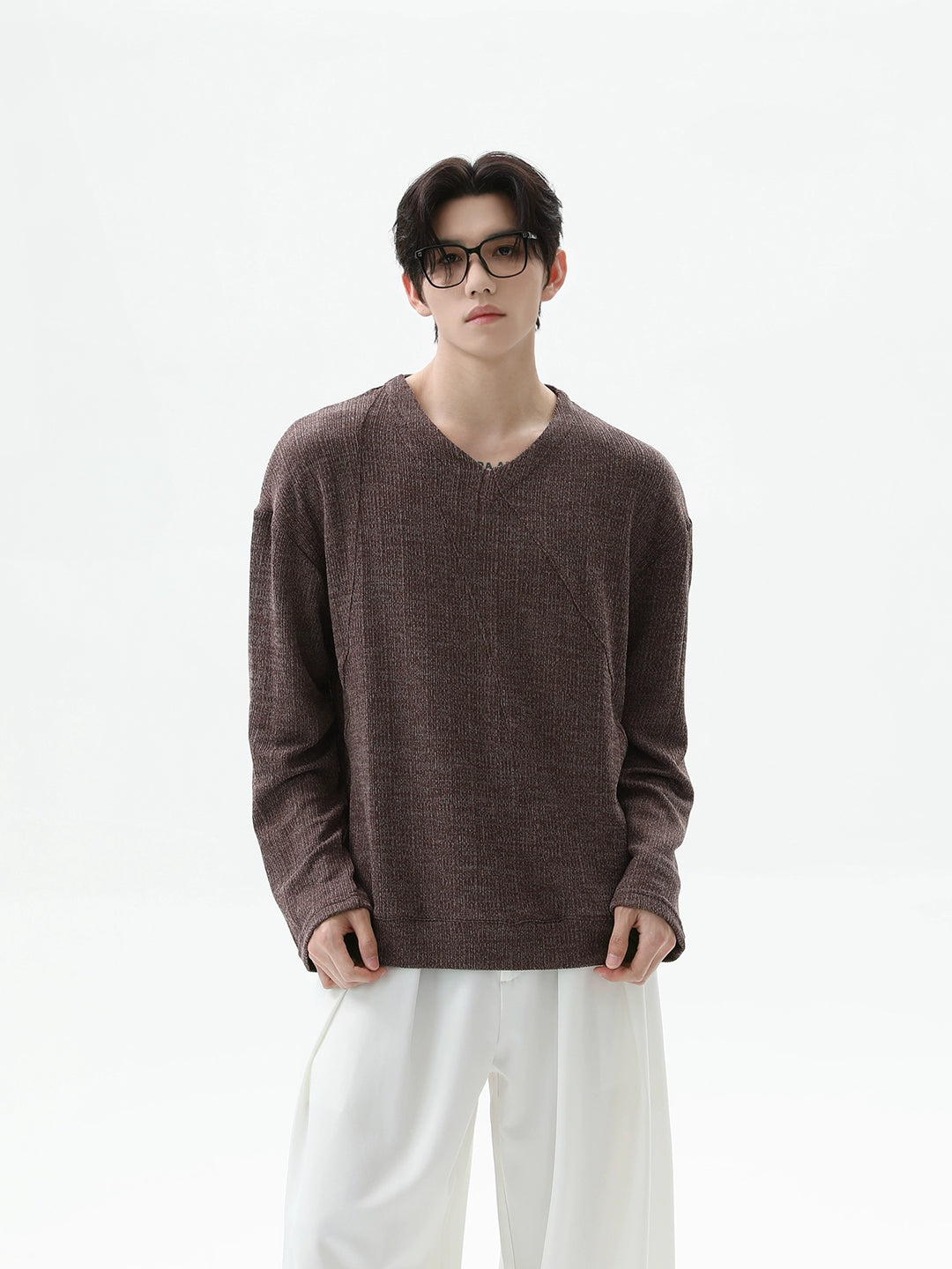 V-Neck Textured Knit Loose Pullover