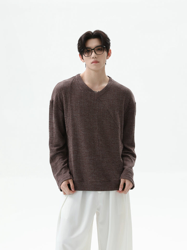 V-Neck Textured Knit Loose Pullover