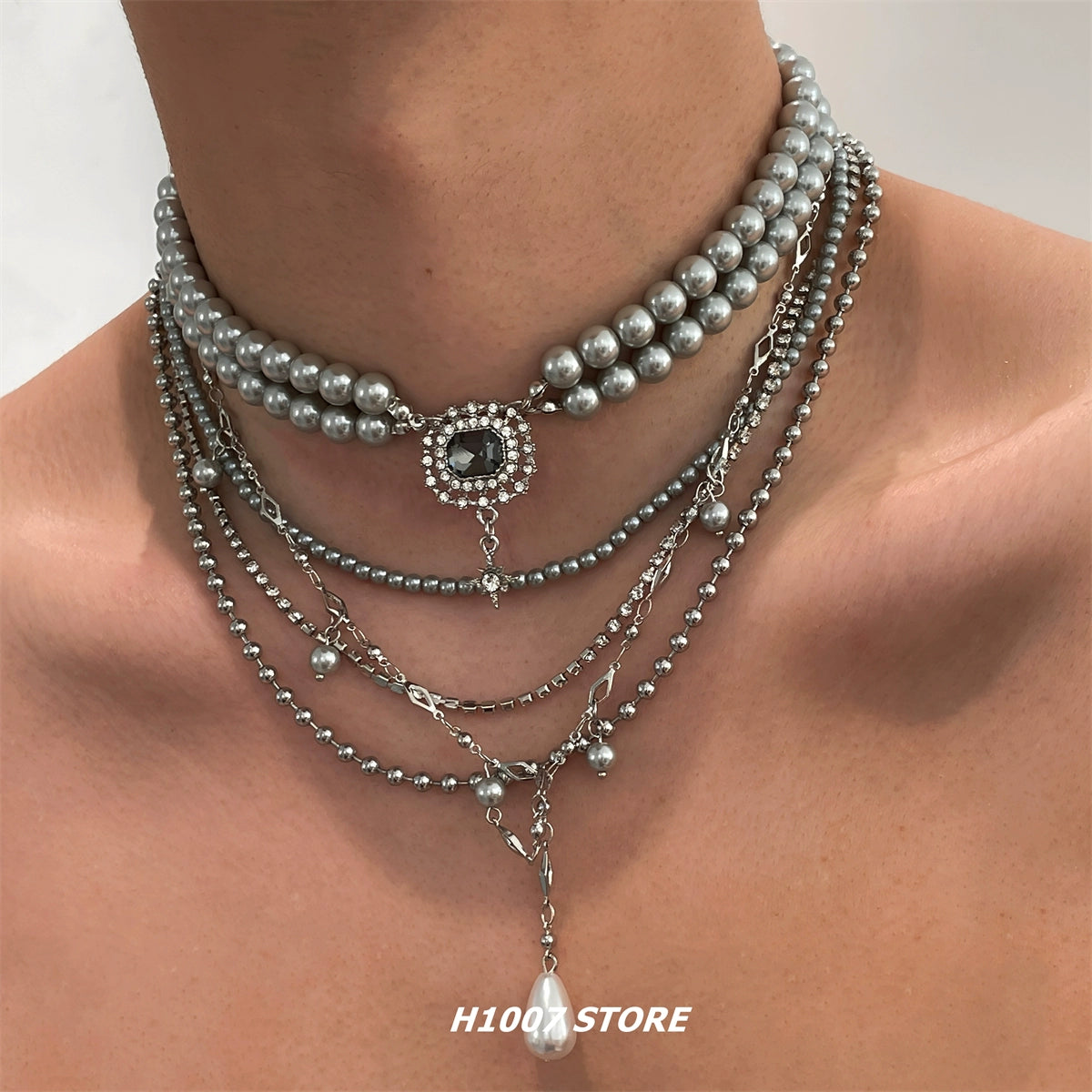 Pearl Zircon Multi-Layered Tassel Necklace