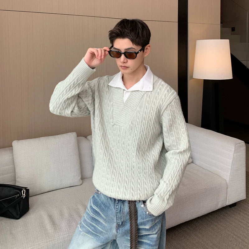 3D Sweter z dzianiny w warkocze, fałszywy dwuczęściowy 