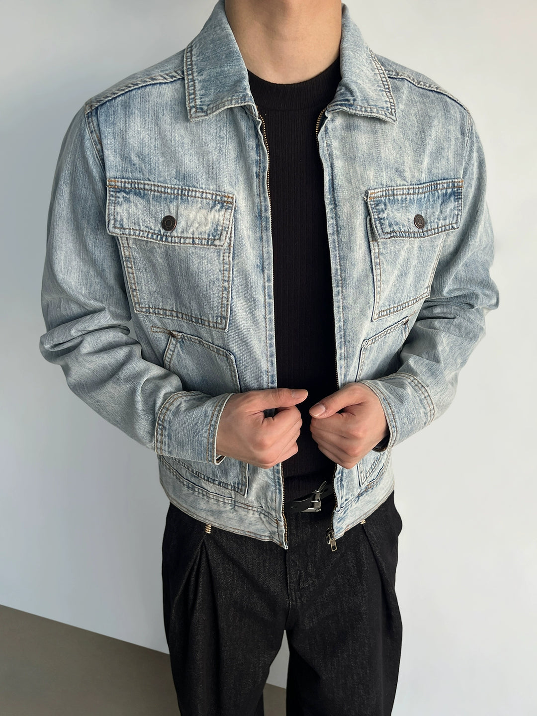 Gestresste Denim-Multi-Taschen-Arbeitsjacke 