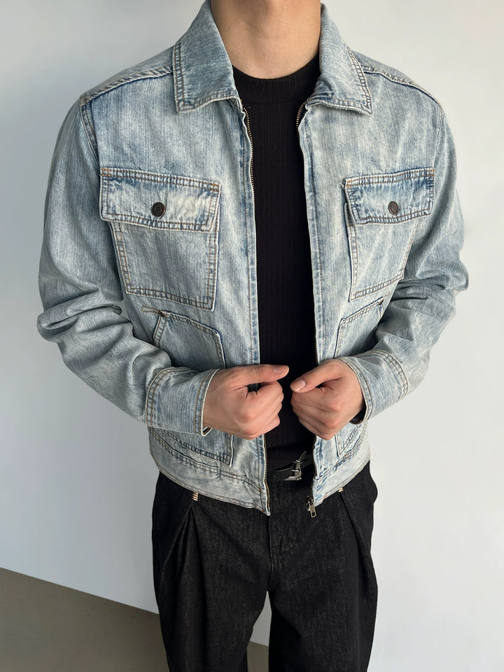 Gestresste Denim-Multi-Taschen-Arbeitsjacke 