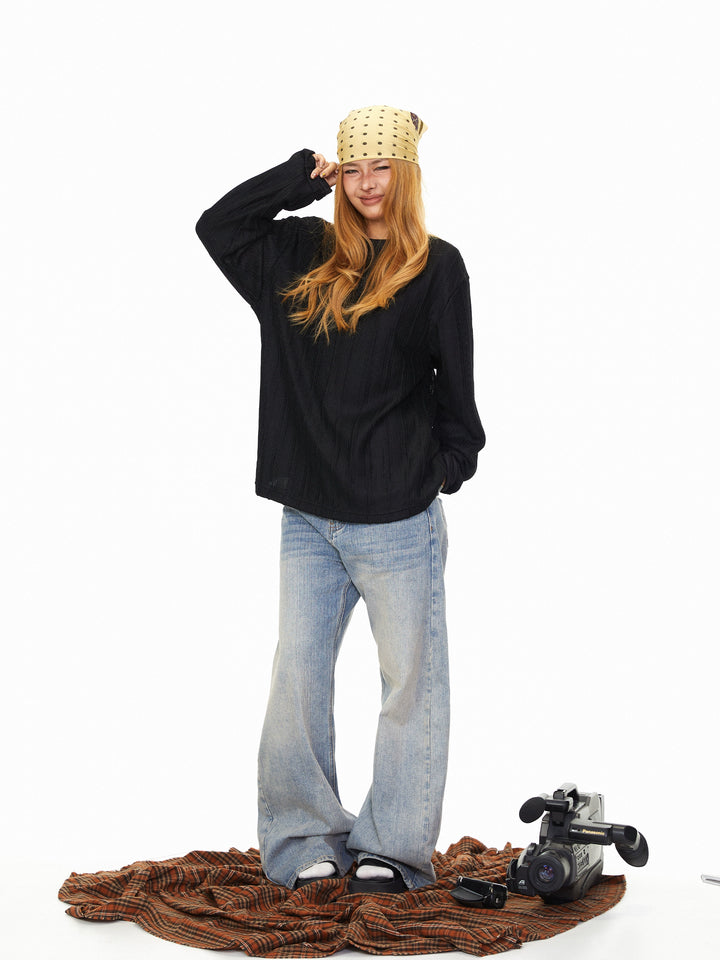 Textured Vertical Striped Knit Pullover Sweater