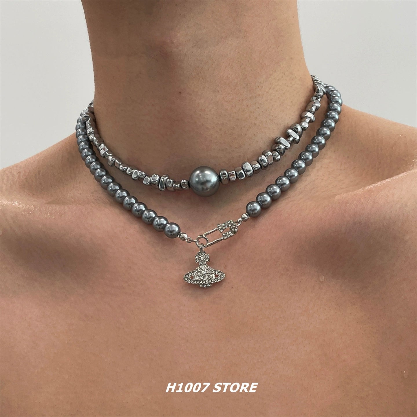 Saturn Pearl Pendant Layered Necklace