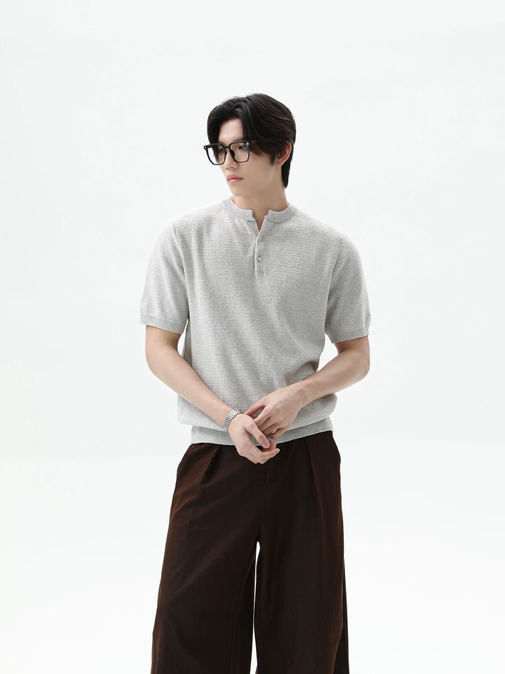 Waffle Knit Henley Korte Mouwen Pullover 