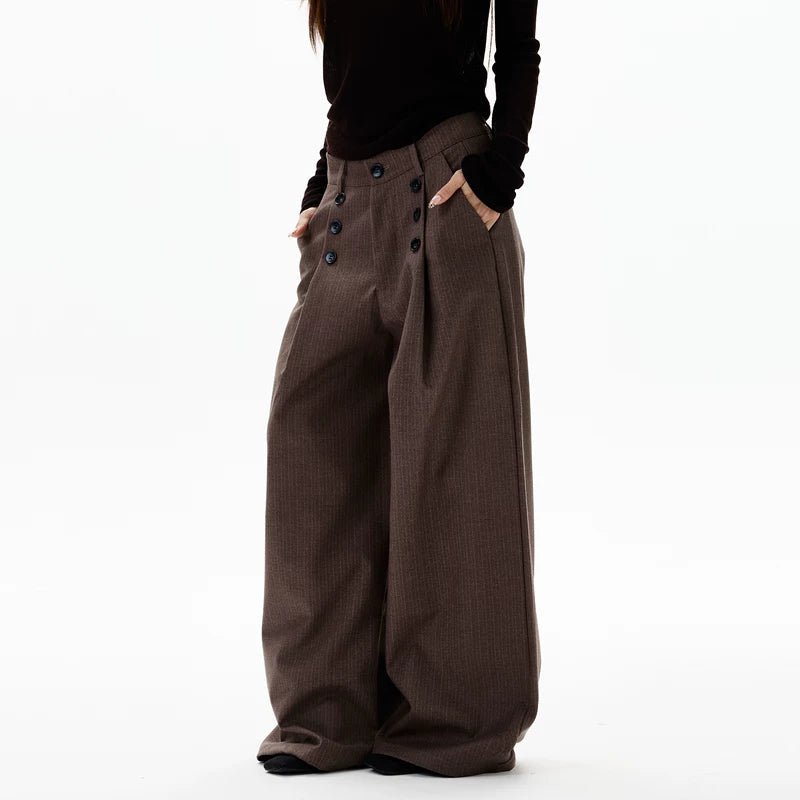 Pleated Double-Breasted Wide-Leg Pants
