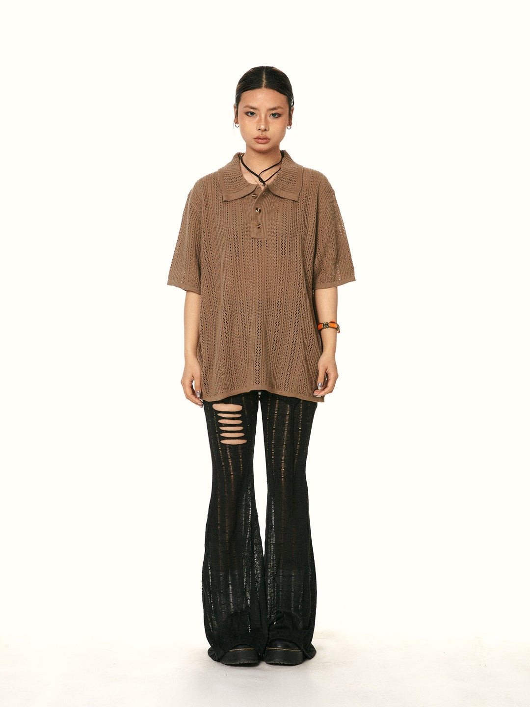 Knitted Polo Shirt Hollow Turtleneck Top