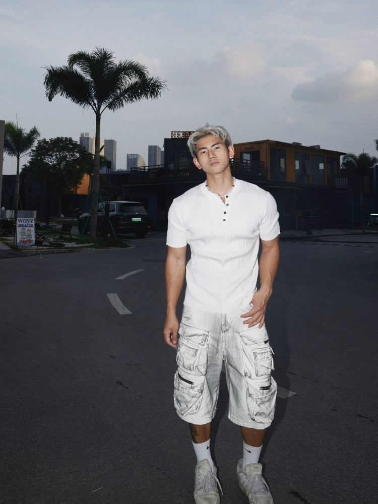 Textured Henley Collar Short Sleeve Polo Shirt
