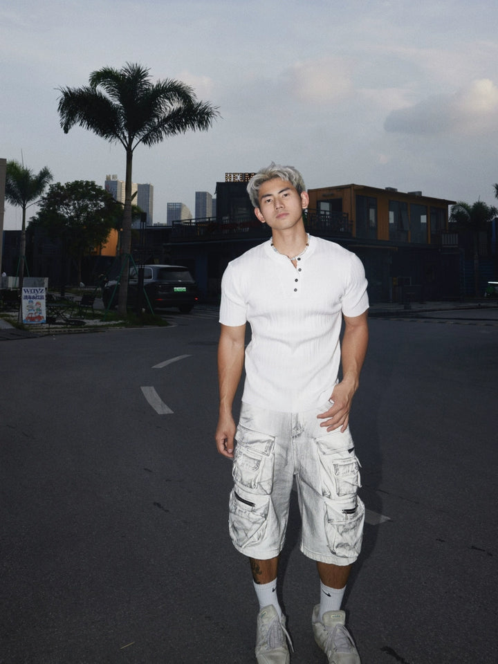 Textured Henley Collar Short Sleeve Polo Shirt