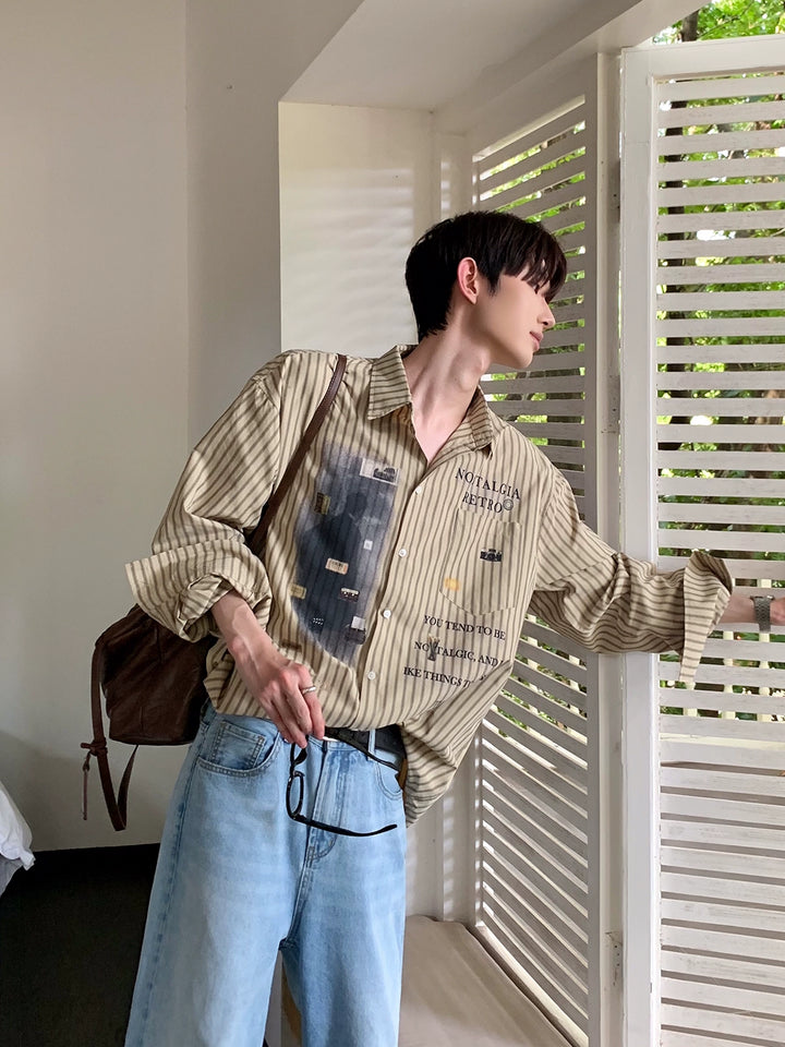 Camisa de manga larga de rayas verticales gráficas retro 