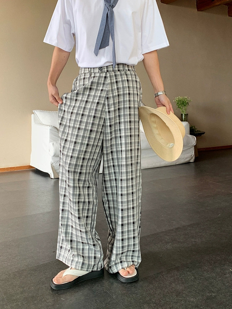 Plaid Wide-Leg Straight Pants