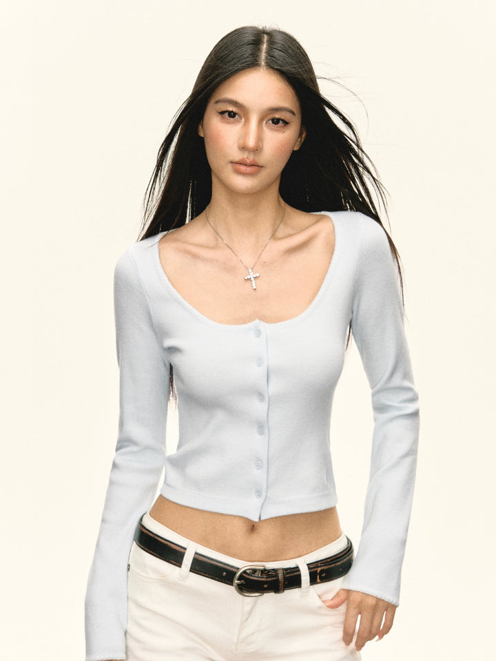 Button Front Knit Scoop Neck Top