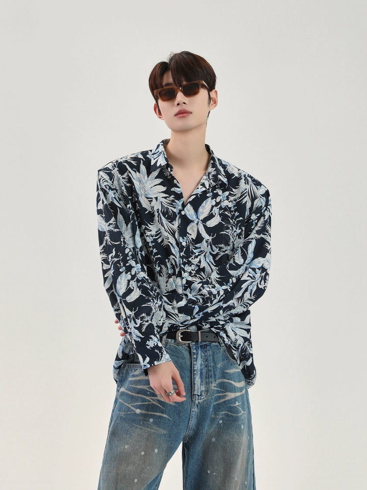 Camicia casual a maniche lunghe con stampa floreale retro 