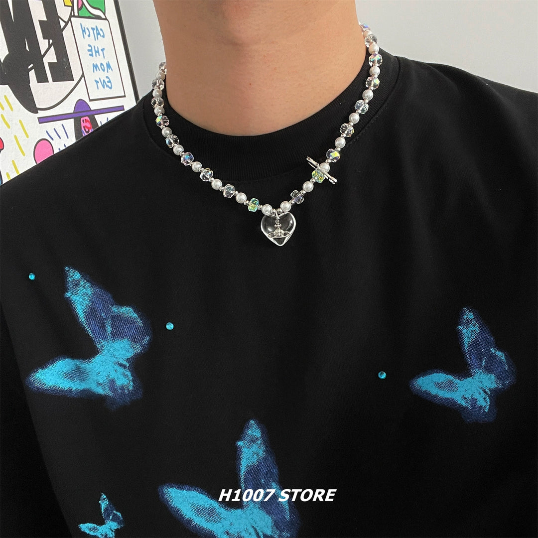 Saturn Pearl Heart Pendant Necklace