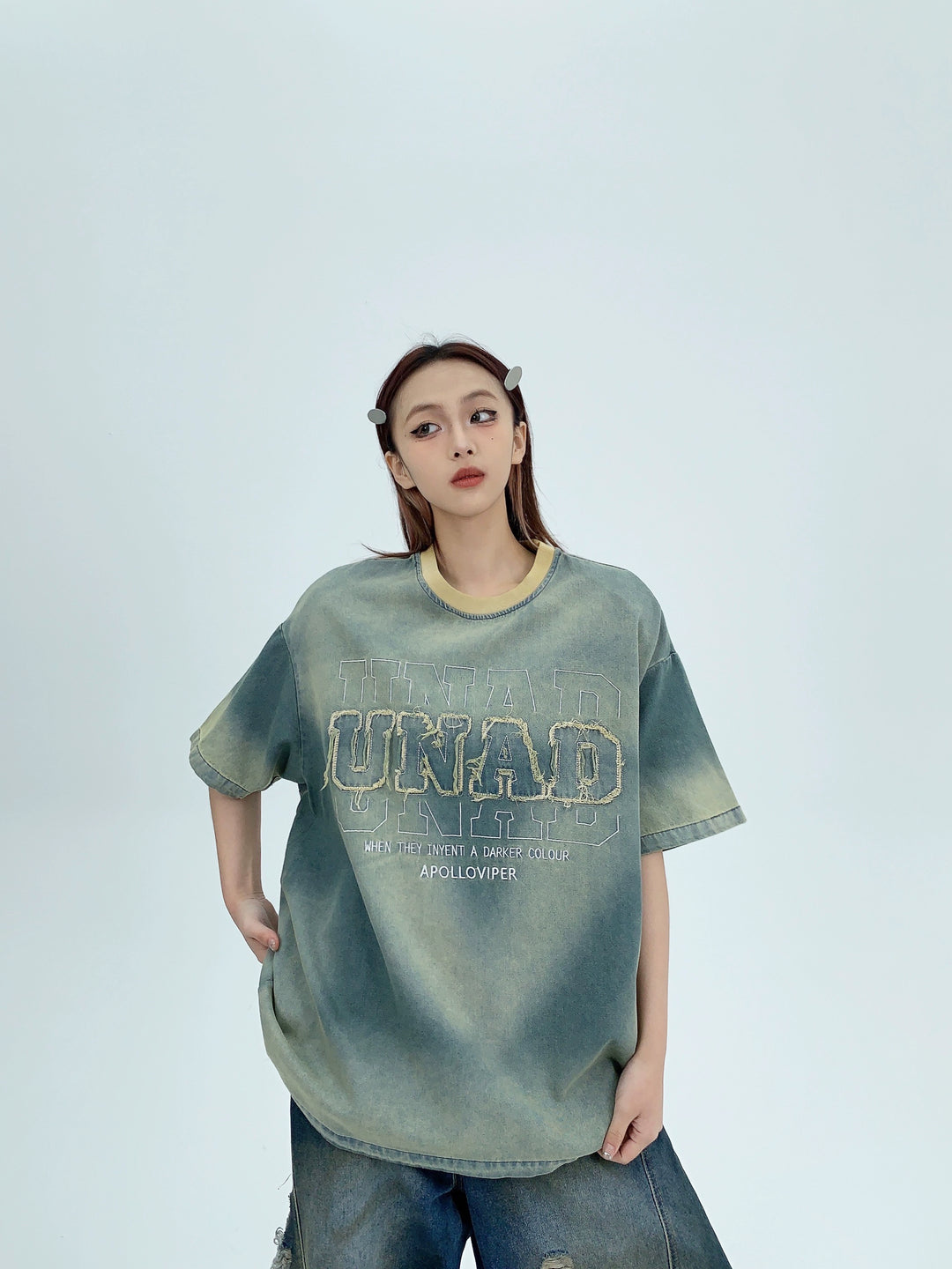 Denim Embroidered Patch Short Sleeve T-shirt