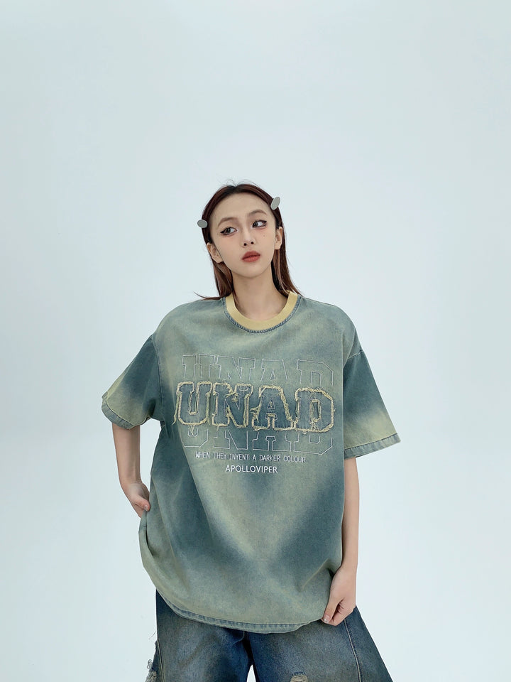 Denim Embroidered Patch Short Sleeve T-shirt