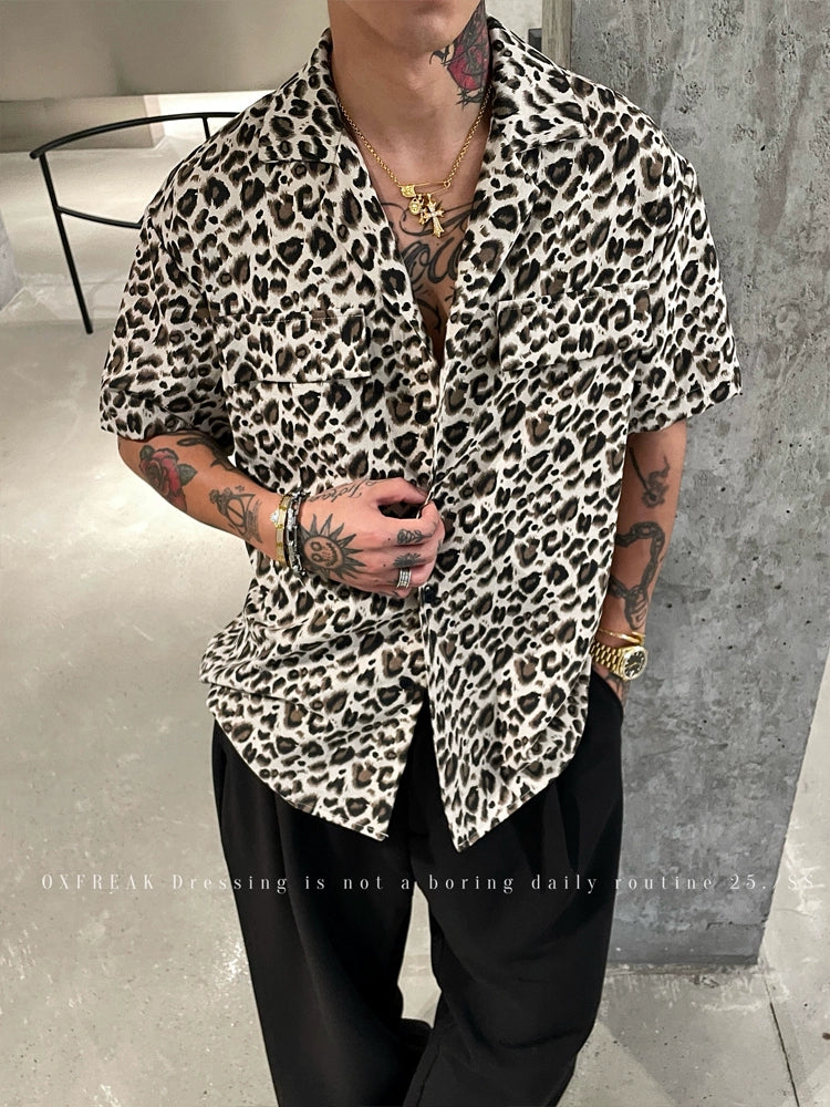 Leopard Print Cuban Collar Short Sleeve Shirt