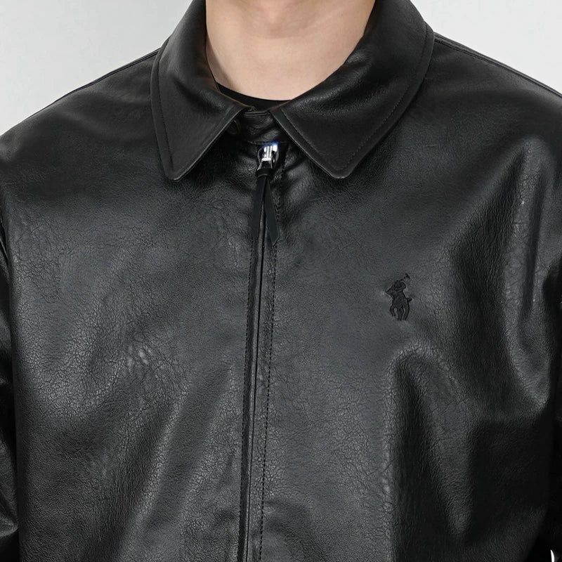 جاكيت بقلنسوة بسحاب من جلد PU مع تطريز 