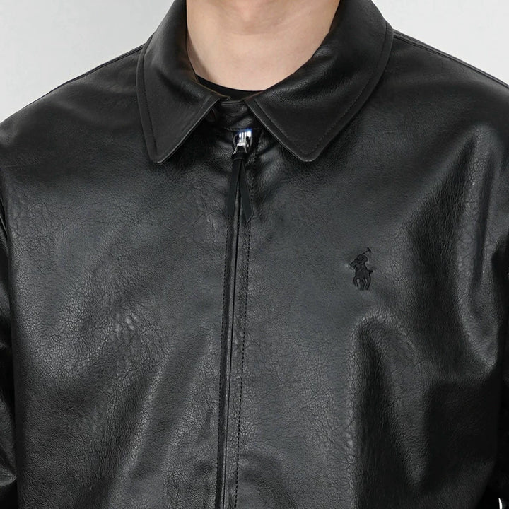 جاكيت بقلنسوة بسحاب من جلد PU مع تطريز 