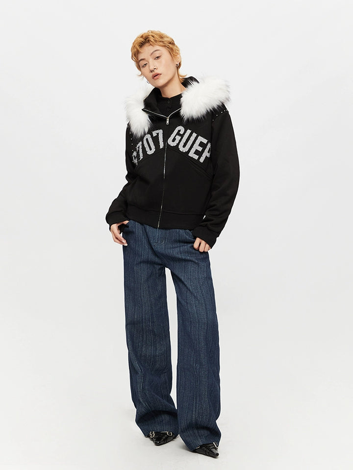Fur Collar Hooded Letter Print Jacket