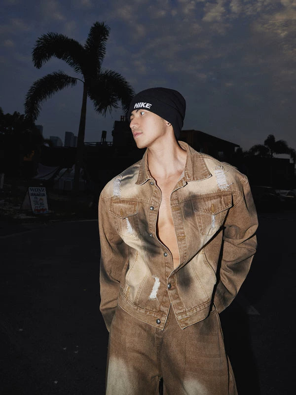 Retro verwaschene Batik-Denimjacke 