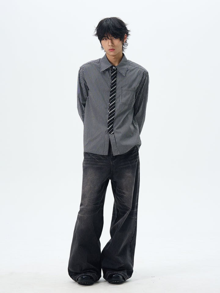 Plaid Long-Sleeve Shirt with Tie