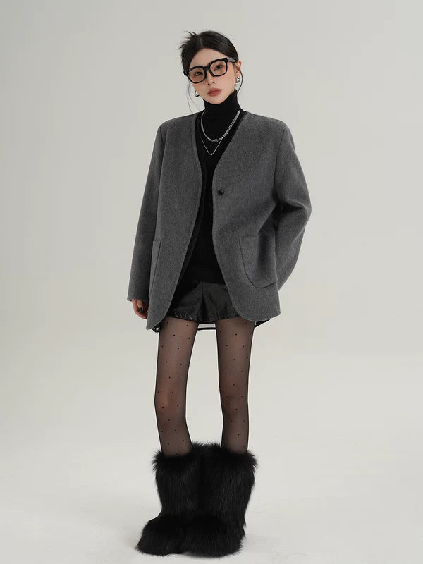 Пиджак из шерсти без воротника с карманами 