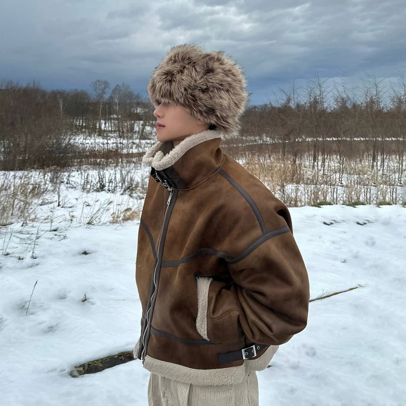 가짜 양모 털 안감 스탠드 칼라 자켓 