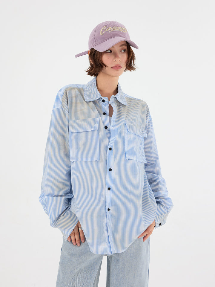 Chemise à boutons à manches longues à rayures verticales 