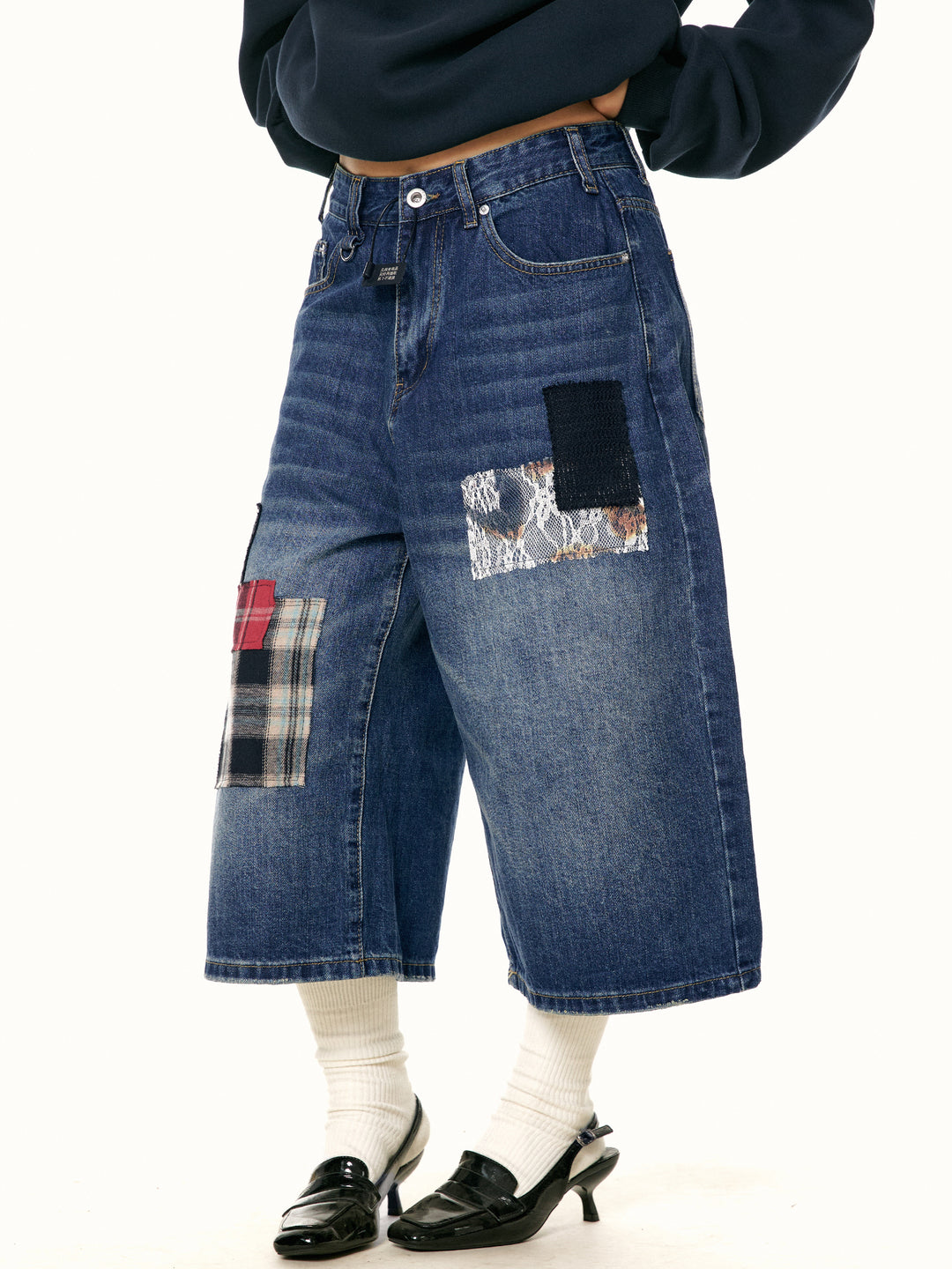 Patchwork Wide-Leg Cropped Jeans