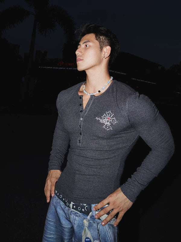 Slim Fit Henley Knit Long Sleeve Sweater