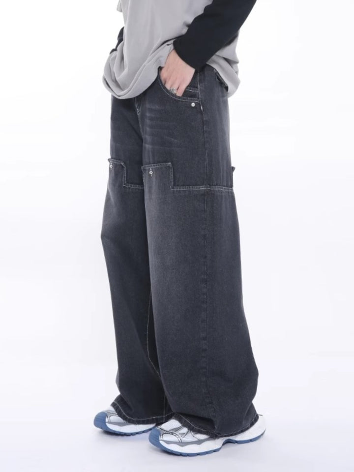 Wide-Leg Double Pocket Patchwork Jeans