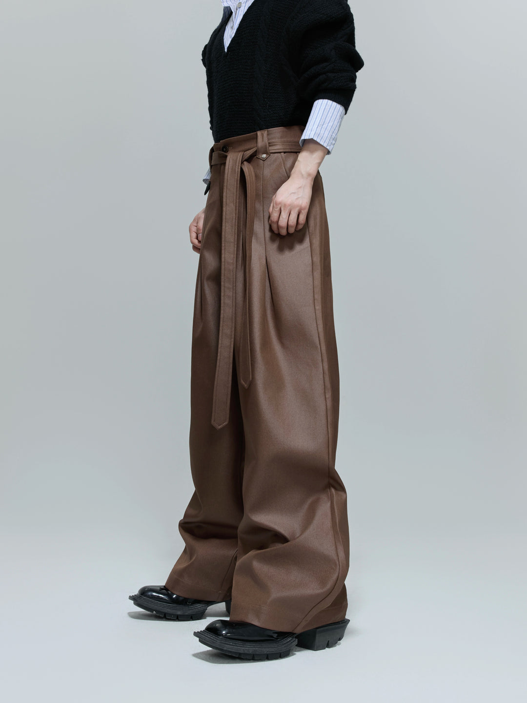Glossy Pleated Wide Leg Straight Pants