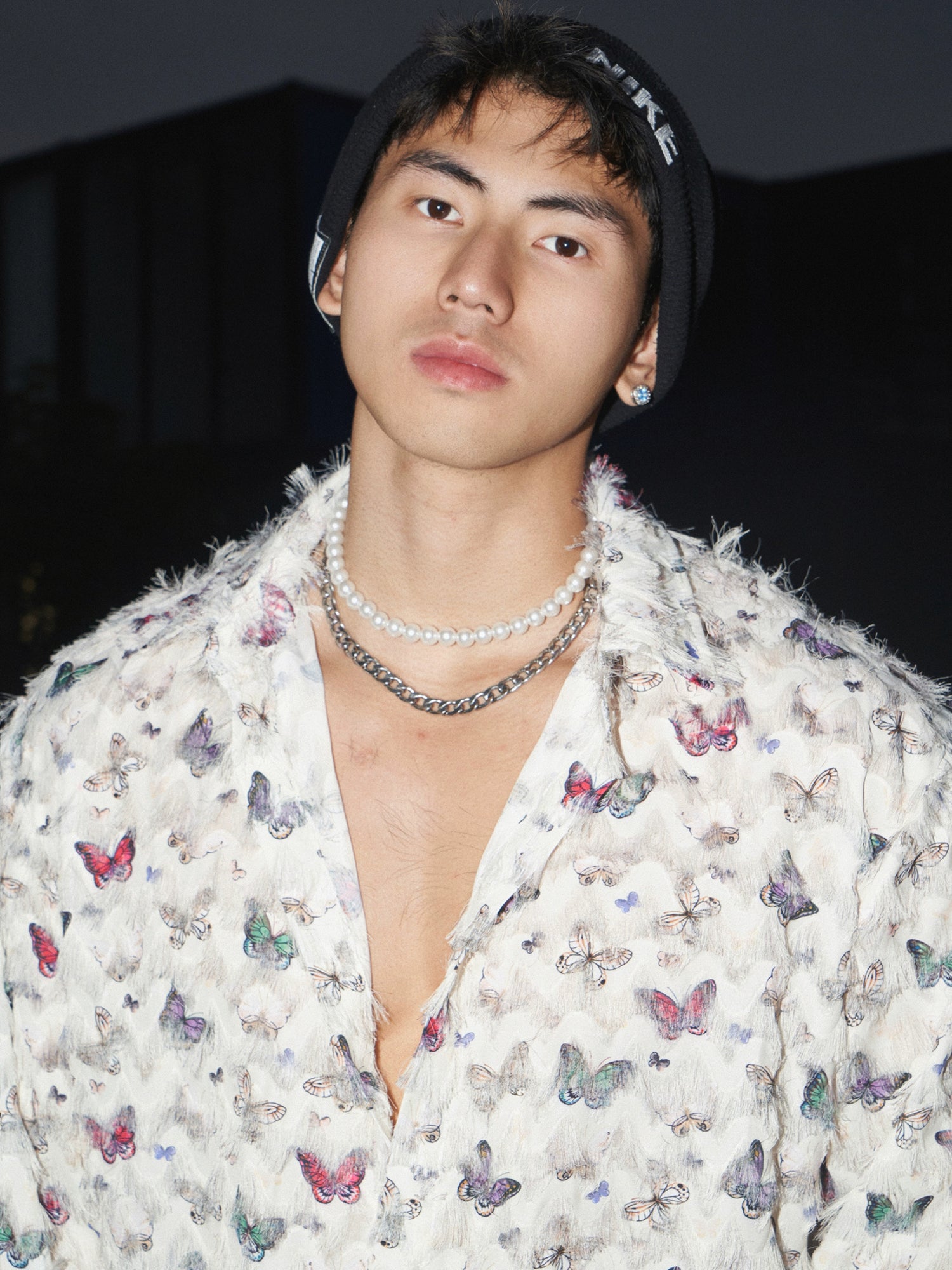 Schmetterlingsdruck Texturiertes Langarmhemd 