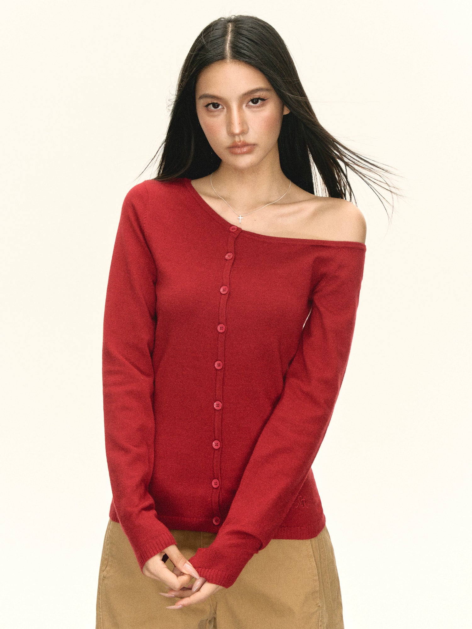 Button Front Off Shoulder Knit Sweater