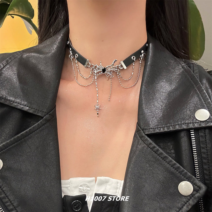 Spider Chain Leather Choker Necklace