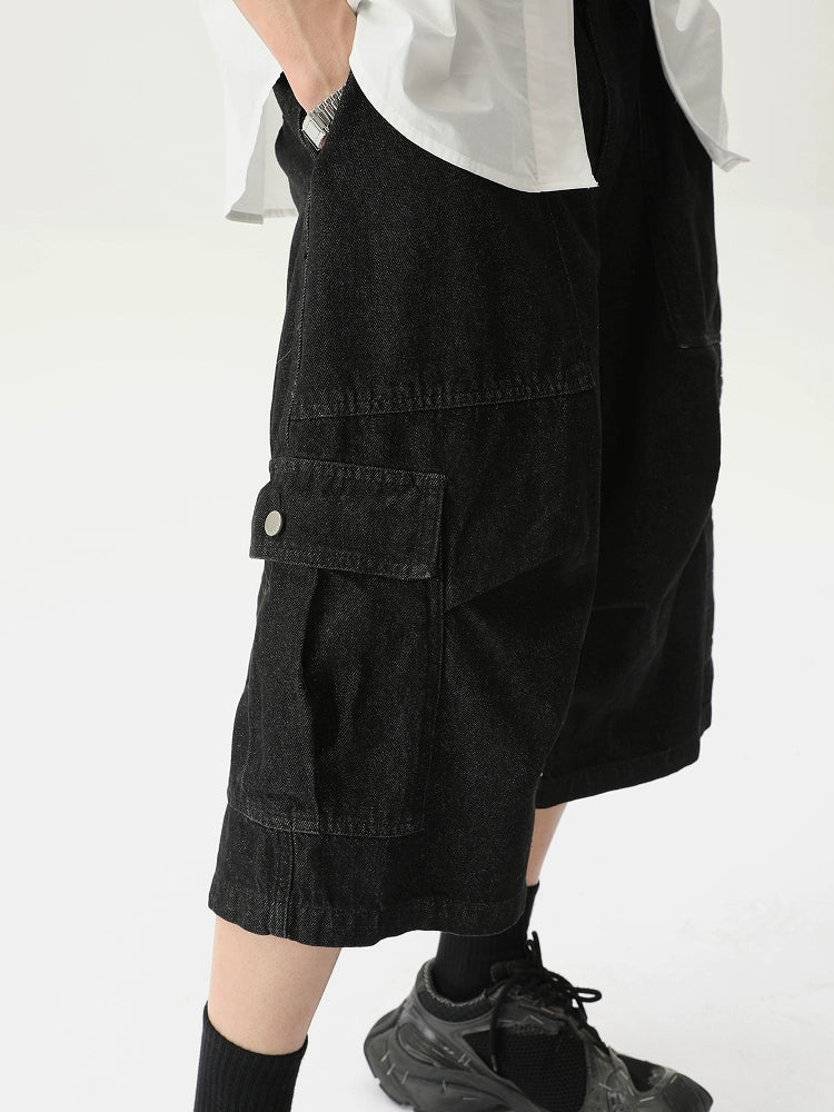 Denim Wide-Leg Cargo Shorts