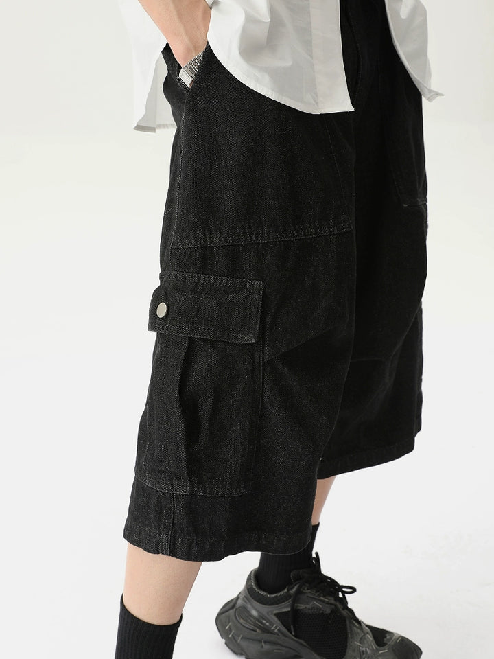 Denim Wide-Leg Cargo Shorts
