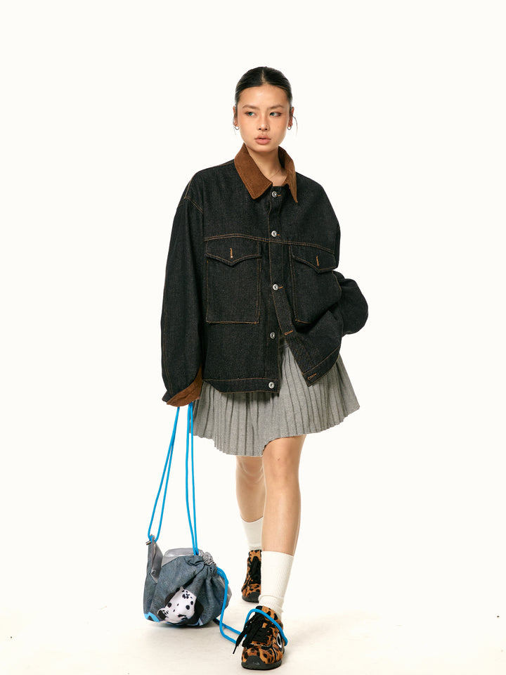 Corduroy Lapel Stitching Denim Jacket