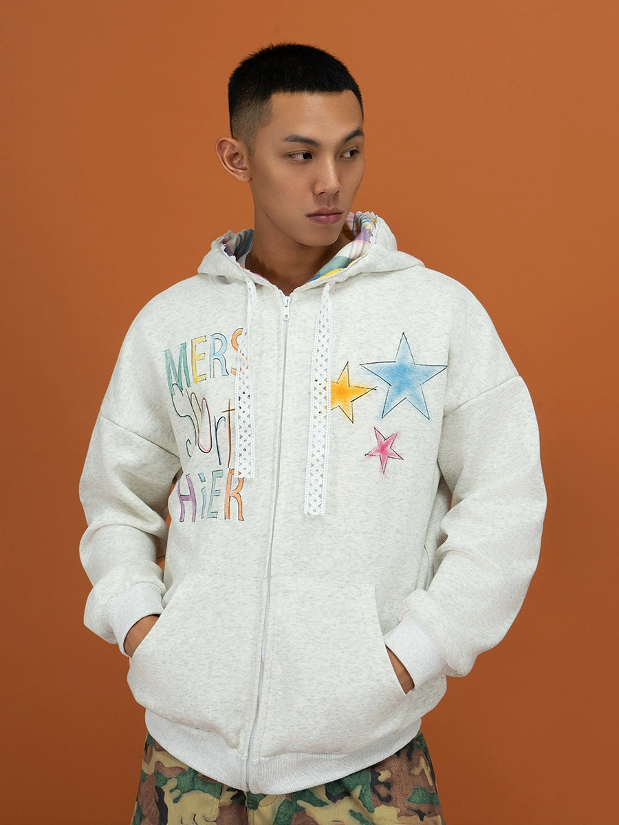 Sudadera con capucha bordada con cremallera forrada de cuadros 