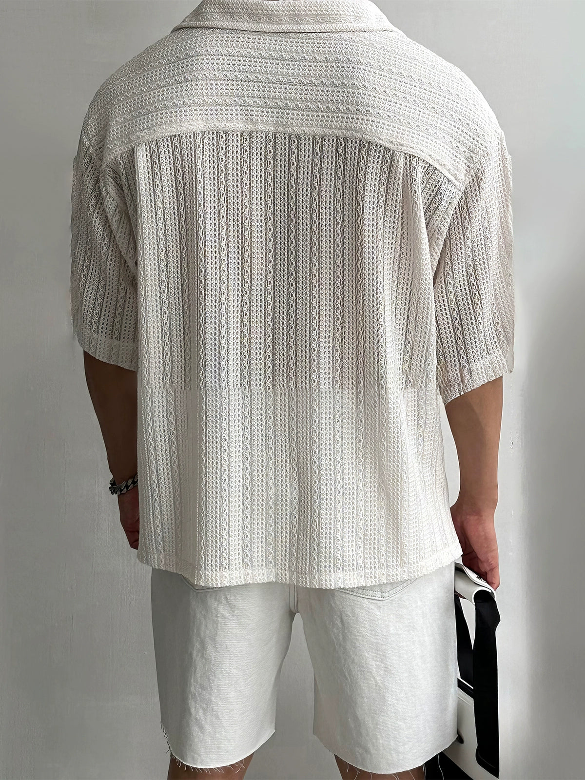 ハロウ ジャカード ニット ラペル ショートスリーブ シャツ 