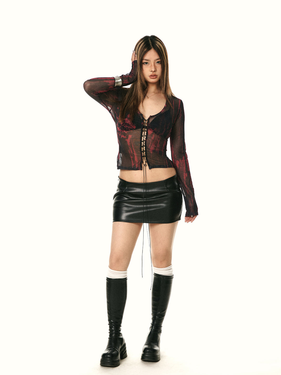 Lace-Up Mesh Long Sleeve Top