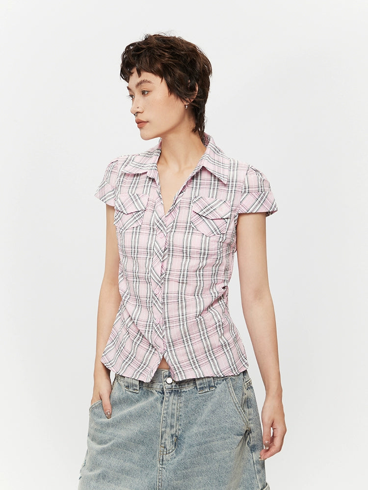 Chemise ajustée à boutons à manches courtes à carreaux 