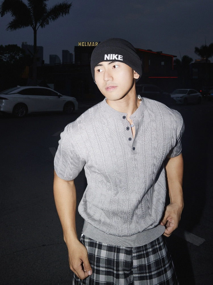 Retro Strick Polo-Shirt mit kurzen Ärmeln 